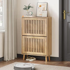 Shoe Storage Cabinet with Louvered 2 Flip Drawers, Narrow Shoe Cabinet Storage for Entryway, Freestanding Shoe Organizer Cabinet with Golden Handles, Slim Shoe Rack Cabinet 23.5in (Natural Wood)