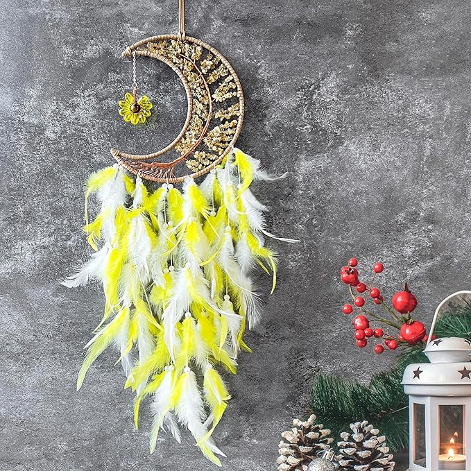 Moon Dream Catchers with Chakra Gemstone Agate Stone, Wealth Luck Crystal Tree Life Dream Catchers Wall Hangings Room Decor(Yellow)