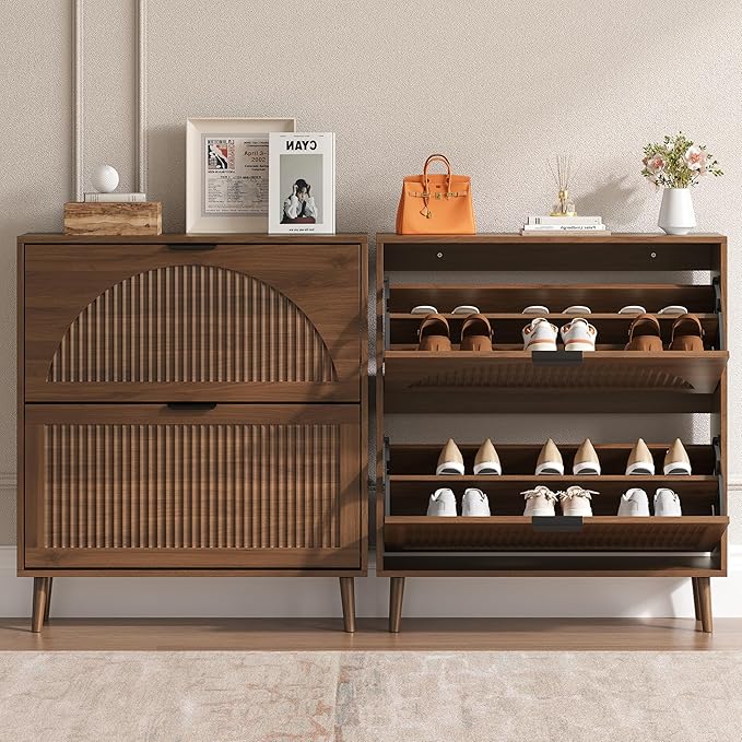 Shoe Cabinet for Entryway with 2 Flip Drawers, Slim Wooden Shoe Storage Organizer with Modern Fluted Pannel，Freestanding Narrow Hidden Shoe Rack for Hallway, Foyer, Living Room