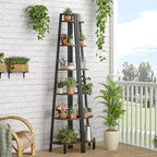 Hoctieon Corner Shelf, 6-Tier Corner Bookshelf, Rustic Ladder Shelf, Industrial Display Stand for Living Room, Kitchen, Home Office, Balcony, Small Space, Metal Frame, Rustic Brown