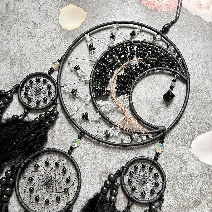 Large Dream Catchers, Handmade Woven Moon Healing Crystal Stone Dream Catcher Wall Hanging Ornament for Bedroom Living Room Wedding Party Decor, Festival Blessing Craft Gift (Black Moon)