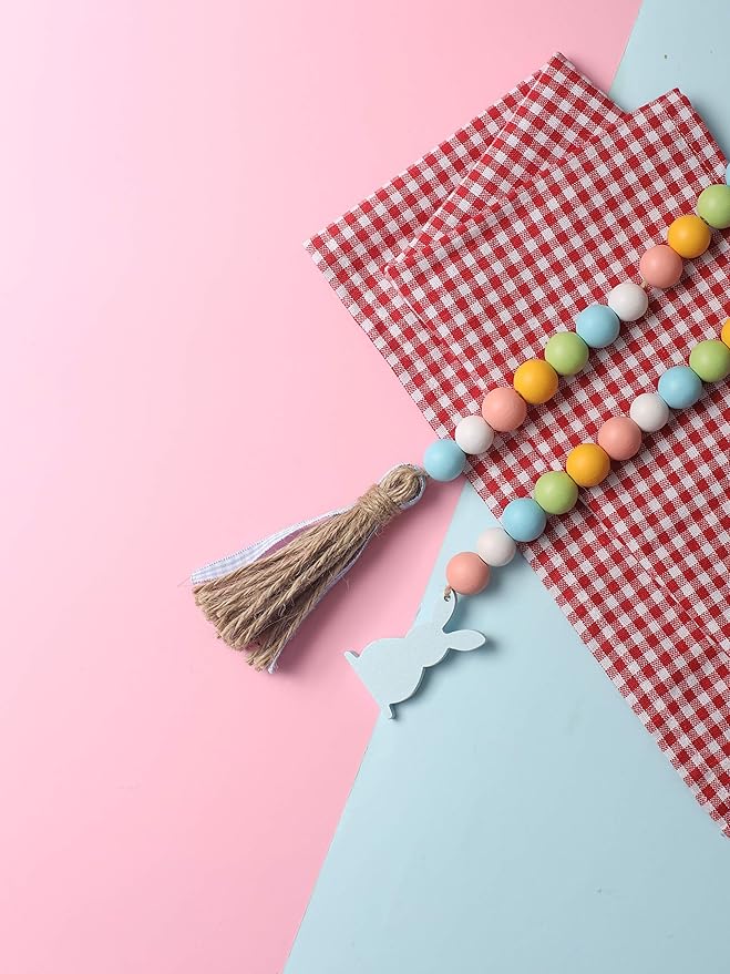 Easter Spring Wood Beaded Garland with Tassels and Bunny Tag Farmhouse Wooden Beads for Tiered Tray Decorations Holiday Country Rustic Prayer Boho Beads Rae Dunn Shelf Décor (Easter Bunny Blue)