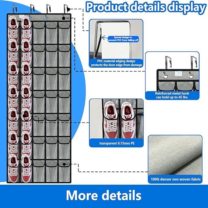 over the door shoe organizer,upgraded,over door shoe organizer,35 Huge clear pockets,over door shoe organizer,Store size 13 shoes,hooks Suitable for various doors,Grey