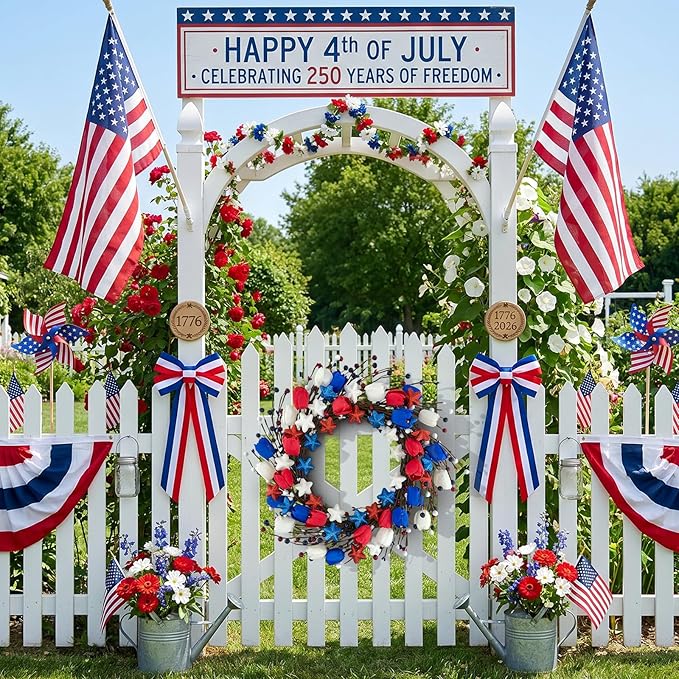 21" Patriotic Wreath for Front Door 4th of July Wreaths with Red White Blue Tulip Flowers&Berry for 250th Anniversary USA Memorial Day, Independence Day Home Porch Wall Outdoor Farmhouse Decoration