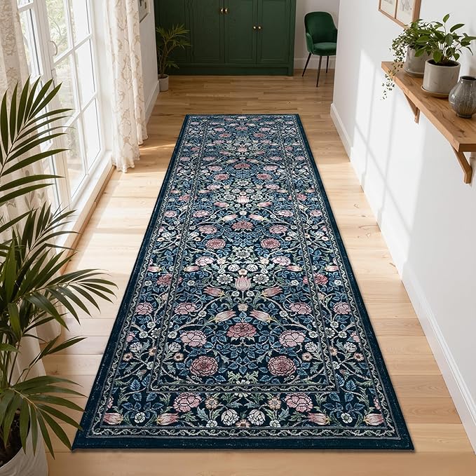 GarveeHome Indigo Blue Vintage Floral 2x6 Runner Rug Washable Kitchen Rugs Non Slip Boho Long Rug for Hallways Bedroom Entryway Bathroom Mat with Rubber Back