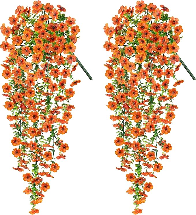 Artificial Hanging Flowers for Outdoors Fake Plants Decoration, 2 Packs Faux Silk Daisy Flower Realistic Outdoor Flowers UV Resistant Porch Patio Window Yard Indoor Spring Decor(Orange)