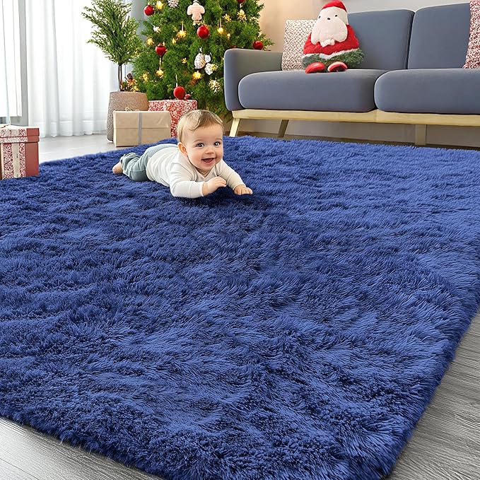 OLANLY 8x8 Machine Washable Large Area Rugs for Living Room, Bedroom, Soft Fluffy Shaggy Bedside Rug, Indoor Floor Carpet for Kids Girls and Boys, Dorms, Nursery, Home Decor Aesthetic, Navy Blue