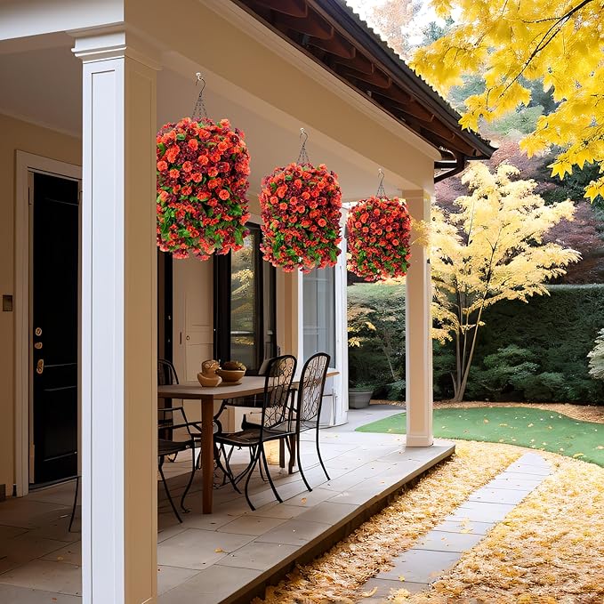 Artificial Flowers with Hanging Basket, Outdoor Faux Plants Silk Morning Glory Vines, Fake Green Arrangement for Garden Patio Spring Summer Decor(Orange Brown)