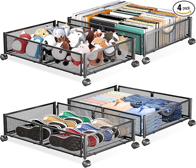 Yecaye Under Bed Storage with Wheels, 4 Pack Under Bed Shoe Storage Organizer Drawer, Tool-free Assembly Metal Underbed Storage Containers for Clothes, Shoes, Black