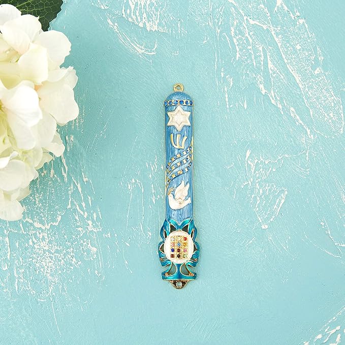 Matashi Hand Painted Light Blue Enamel Mezuzah Case Embellished with Star of David, Peace Dove, and Priestly Hoshen Breastplate with Blue Crystals - Jewish Home Door Decor, Housewarming Judaica Gift