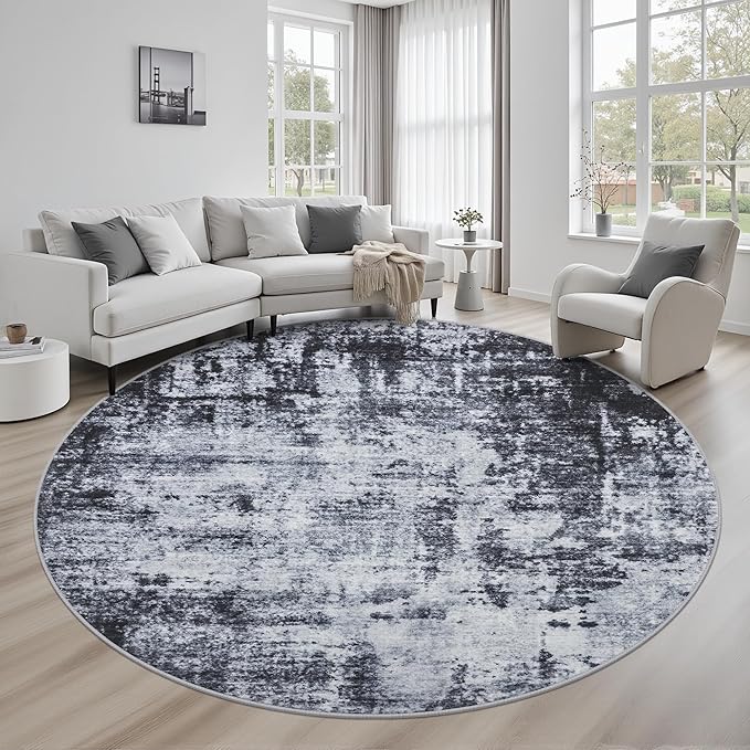Round Area Rug for Living Room: 8 ft Washable Modern Abstract Soft Thin Rug Indoor Floor No Slip Stain Resistant Carpet for Bedroom Dining Room Farmhouse Nursery Home Office - Dark Black