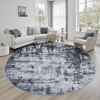 Round Area Rug for Living Room: 8 ft Washable Modern Abstract Soft Thin Rug Indoor Floor No Slip Stain Resistant Carpet for Bedroom Dining Room Farmhouse Nursery Home Office - Dark Black