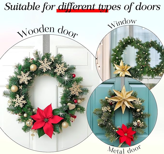 MCFULL 14 in Wreath Hangers for Front Door,Sturdy Metal Wreath Doors Hangers,Over The Door Hooks for Front Porch Decor,Silver Garland Hooks Holders for Halloween Christmas Decorations,2 Packs