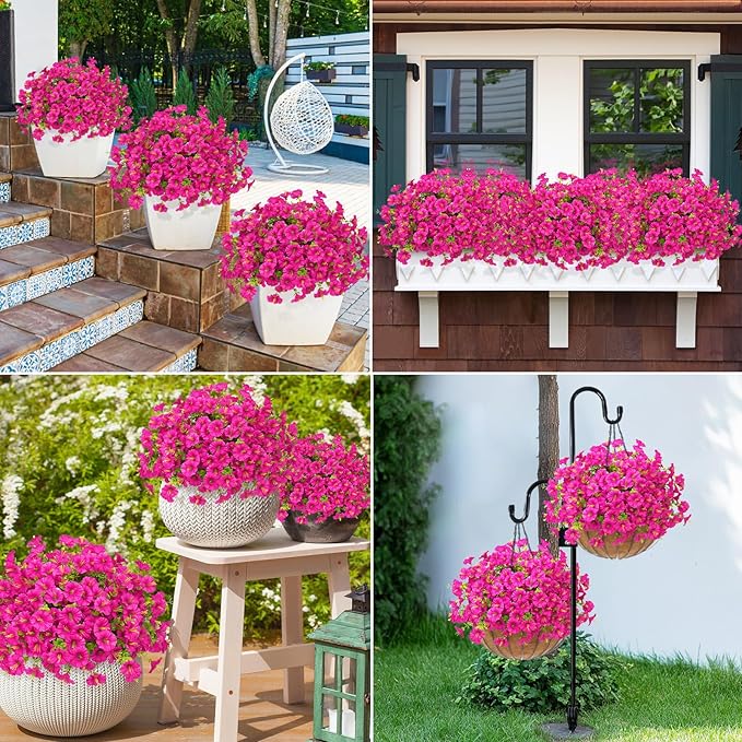 MARTINE MALL 12 Bundles Look Real Artificial Flowers for Outdoors, Realistic Fake Outdoor Flowers, UV Resistant Silk Petunia Flowers for Outside Faux Flowers Plants for Outdoor Porch, Fuchsia