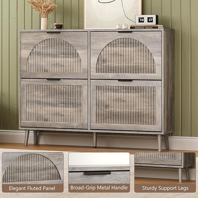 Shoe Cabinet for Entryway with 4 Flip Drawers, Slim Wooden Shoe Storage Organizer with Modern Fluted Pannel，Freestanding Narrow Hidden Shoe Rack for Hallway, Foyer, Living Room