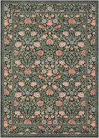 GarveeHome Dark Green Vintage Floral Washable 8x10 Area Rugs for Living Room Boho Botanical Retro Rug Low Pile Stain Resistance Non Slip Carpet for Bedroom Nursery Dining Room