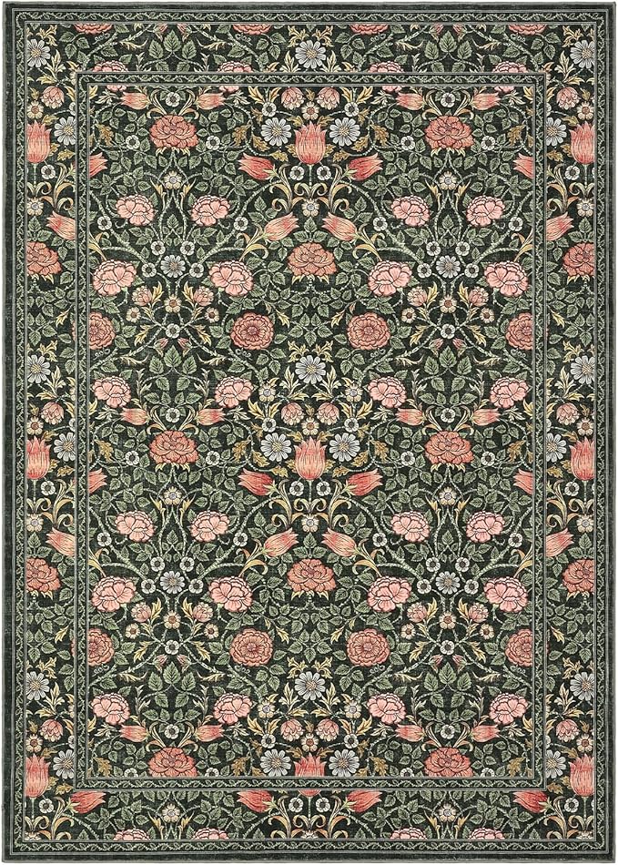 GarveeHome Dark Green Vintage Floral Washable 8x10 Area Rugs for Living Room Boho Botanical Retro Rug Low Pile Stain Resistance Non Slip Carpet for Bedroom Nursery Dining Room
