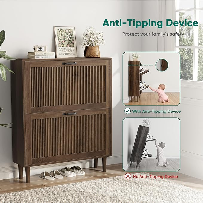 Smuxee Walnut Shoe Cabinet with 2 Flip Drawers, 31.5" Hidden Shoe Storage Cabinet with Small Fluted Doors, Freestanding Shoe Organizer Cabinet for Entryway, Hallway, Living Room