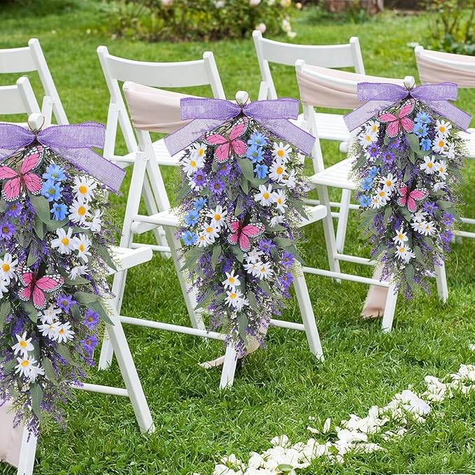 23" Lavender Teardrop Swag Wreath 2Pcs Spring Summer Swags for Front Door Faux Lavender Teardrop Swag with Butterfly Purple Wreath for Porch Wall Window Farmhouse Wedding Home Decor