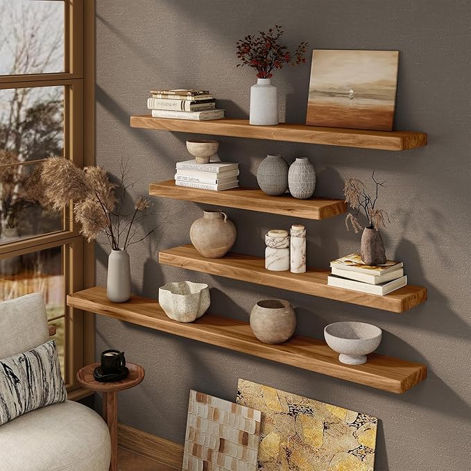 Marsmiles 55 inch Floating Shelves for Wall Solid Elm Wood Wall Mounted Shelves|Rustic Long Floating Shelves with Invisible Bracket for Bathroom Kitchen|Rounded Edge|Natural, 1 Pack