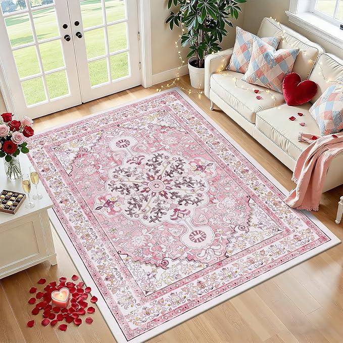 U'Artlines Pink Area Rug 5x7 Boho Washable Soft Carpet for Living Room Bedroom Dining Room Office Indoor Rugs for Home Decor