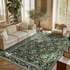 Vintage Botanical Dark Green Area Rug 6x9 Elegant Floral Pattern, Durable Stain-Resistant Fabric, Perfect for Living Room, Bedroom, Dining Room Decor