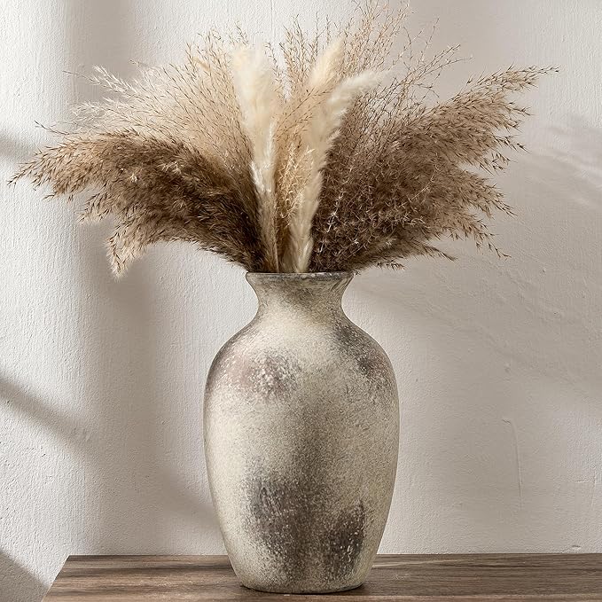 Large Ceramic Rustic Flower Vase, 10.43 Inch Tall Vintage Pottery Home Decor, Antique Farmhouse Terracotta Vase for Living Room, Table, Shelf, Mantel Decoration, Farmhouse - Natural Brown