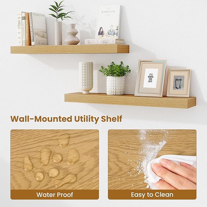 Fun Memories Floating Shelves 30 Inch, Wall Mounted Wood Shelf Set of 2, Farmhouse Decor for Bathroom, Bedroom, Kitchen, Living Room, Oak