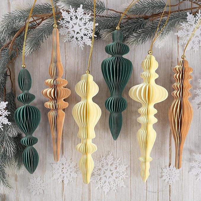 6Pcs Neutral Finial Christmas Ornaments for Tree, 3D Paper Honeycomb Hanging Decorations Vintage Christmas Honeycomb Ornaments Lanterns for Xmas Tree Winter New Year Holiday Party Home Decor