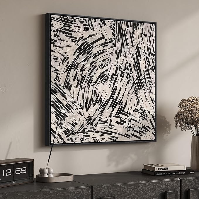 Framed Black and White Abstract Wall Art, 1 Piece Square Modern Canvas Prints Paintings, Minimalist Abstract Brush Pictures for Bedroom Dining Room Living Room Lounge Bathroom Wall Decor 24x24 In
