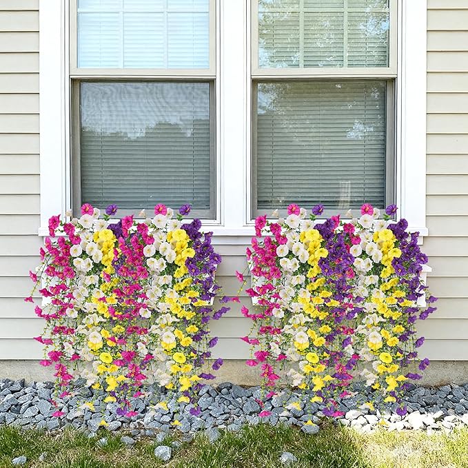 Artificial Hanging Petunias Flowers for Outdoor, 8pcs Fake Plants Long Vine Morning Glory Eucalyptus, UV Resistant Realistic Faux Greenery Outside Patio Porch Garden Spring Summer Decor, Mix Color