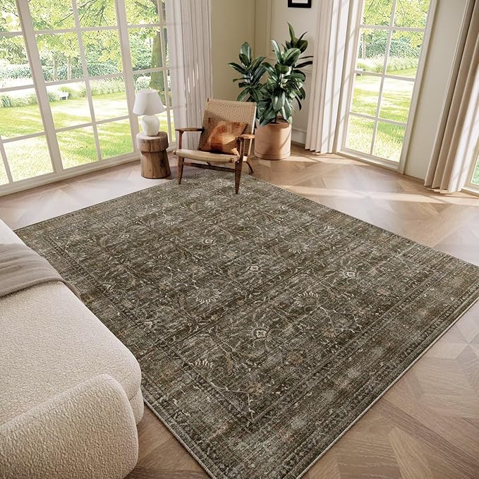 Washable 6x9 Area Rugs for Living Room, Boho Non-Slip Vintage Distress Large Rugs for Bedroom Dining Room Nursery Office, 0.3" Neutral Oriental Throw Thin Carpet, Rust/Multi