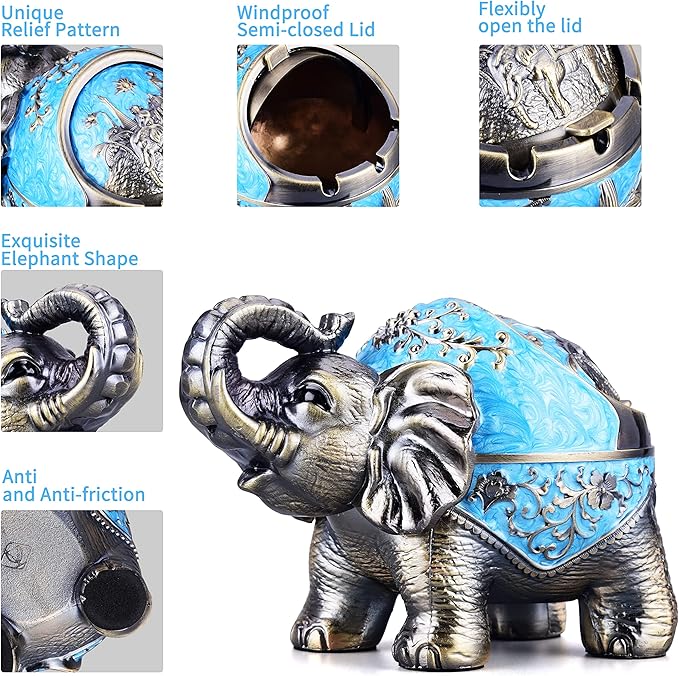 Stand Elephant Decorative Windproof Ashtray with Lid for Cigarettes Metal Portable Cigar Ashtray Odor Eliminator Indoor outdoor Hand Carved Fancy Gift ornament for Men Women (Light Blue)
