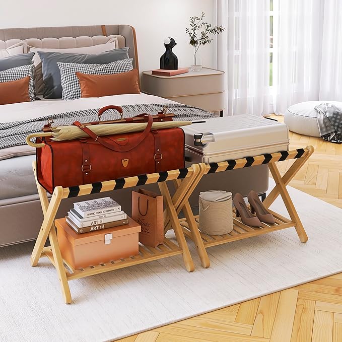 SMIBUY Luggage Rack, Set of 2, Foldable Bamboo Suitcase Stand with Storage Shelf for Guest Room, Bedroom, Hotel, Heavy-Duty (Natural)