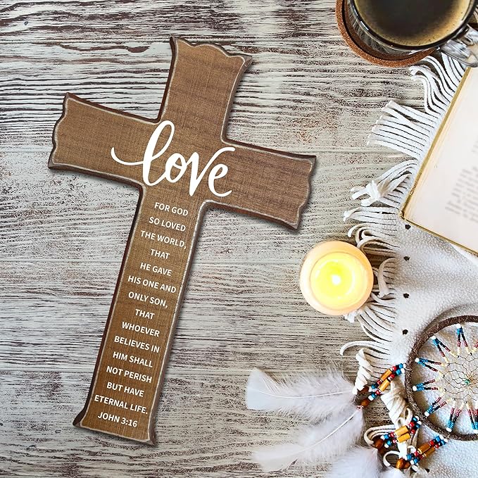 dsjaidh Cross Wall Decor - Wood Color Scripture Wooden Cross For Wall - Rustic Wooden Hanging Signs Christian Easter Decor for Home Office Church Baptism - Christian Gifts for Men Women (Love)- A03