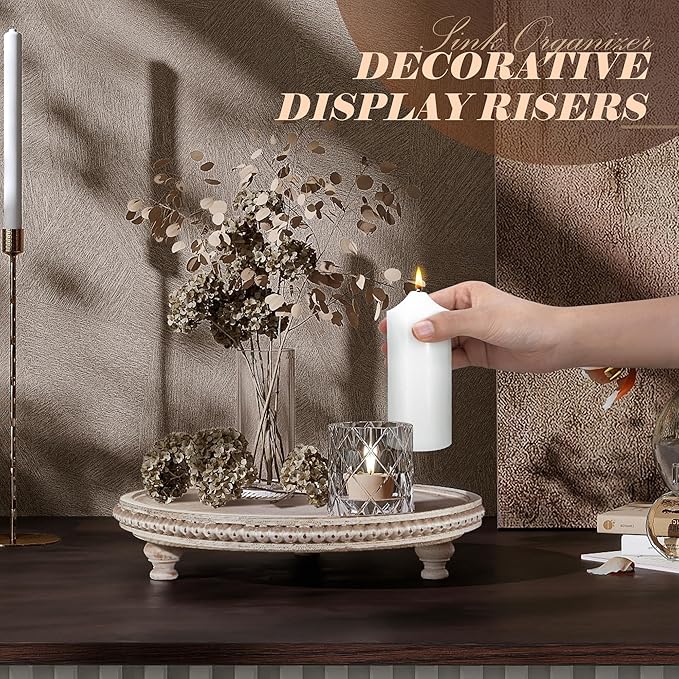 EOSAHR Pine Wooden Display Riser - Beaded Wood Riser for Plant Stand & Sponge Holder, Perfume Organizer - Rustic Farmhouse Kitchen Counter Organizer, Boho Chic Living Room Home Decor (Deep Natural)
