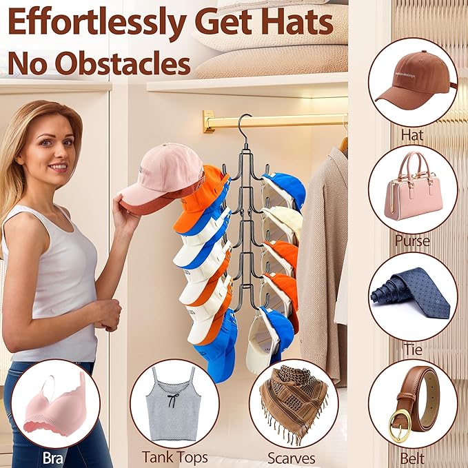 Hat Hangers for Closet, Hanging Hat Organizer with 10-Hook, Stainless Steel Hat Rack, Space Saving Cap Holder, Collapsible Hat Storage for Baseball Caps