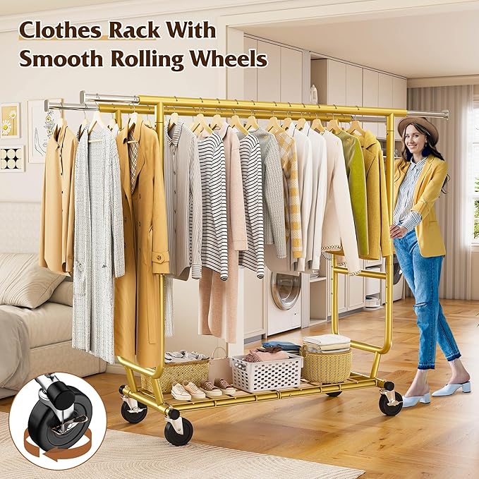 Raybee Clothes Rack Load 630LBS, Heavy Duty Clothes Rack, Rolling Clothing Racks for Hanging Clothes with Wheels, Adjustable & Commercial Garment Rack, 22" D x 75" W x 68" H, Gold
