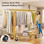 Raybee Clothes Rack Load 630LBS, Heavy Duty Clothes Rack, Rolling Clothing Racks for Hanging Clothes with Wheels, Adjustable & Commercial Garment Rack, 22" D x 75" W x 68" H, Gold