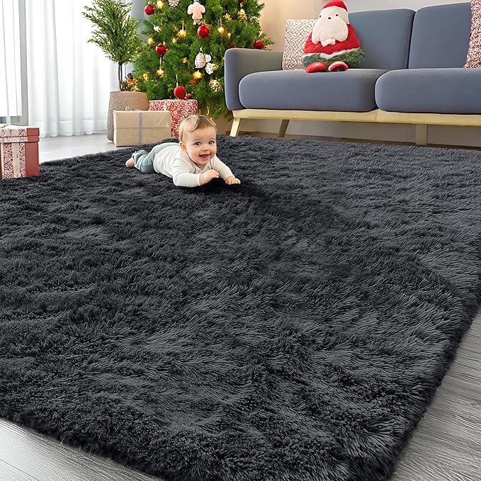 OLANLY 9x9 Machine Washable Large Area Rugs for Living Room, Bedroom, Soft Fluffy Shaggy Bedside Rug, Indoor Floor Carpet for Kids Girls and Boys, Dorms, Nursery, Home Decor Aesthetic, Black