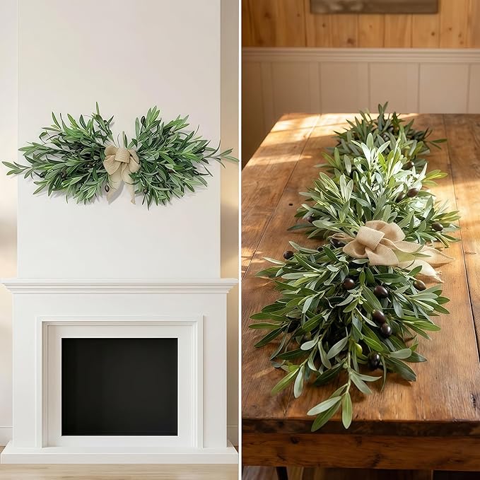 26" Farmhouse Olive Leaf Greenery Swag with Premium Burlap Bow Realistic Faux Olive Branch Door Decor for Front Door, Wall, Mantel, Table, Kitchen, Bathroom, Weddings & Seasonal Styling (Green 1Pcs)