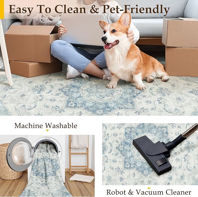 Blue Runner Rug 2x8 Washable Vintage Carpet for Hallway Kitchen Soft Retro Low Pile Thin Indoor Runner Non Slip Oriental Medallion Long Throw Rug for Bathroom Bedroom Laundry Dining Room