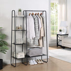 SunnyPoint Open Closet Garment Rack with 4-Tier Shelves & Bottom Storage Shelf, Freestanding Open Wardrobe Clothes Rack Organizer with Hanging Rod for Bedroom Closet, Clothing Rack with Shelves
