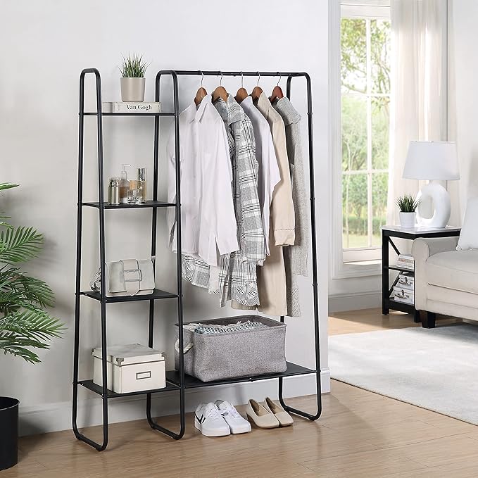 SunnyPoint Open Closet Garment Rack with 4-Tier Shelves & Bottom Storage Shelf, Freestanding Open Wardrobe Clothes Rack Organizer with Hanging Rod for Bedroom Closet, Clothing Rack with Shelves