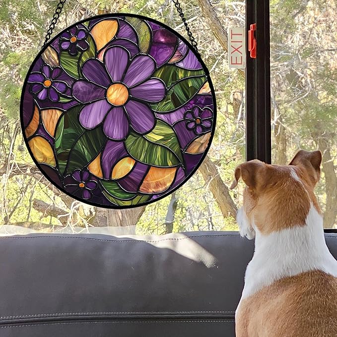 Stained Glass Window Hanging, Purple Green Flowers Sun Catcher for Door Home Decor Plants Suncatcher Christmas Mother's Day Birthday Gifts for Women Men Mom and Nana 15 in
