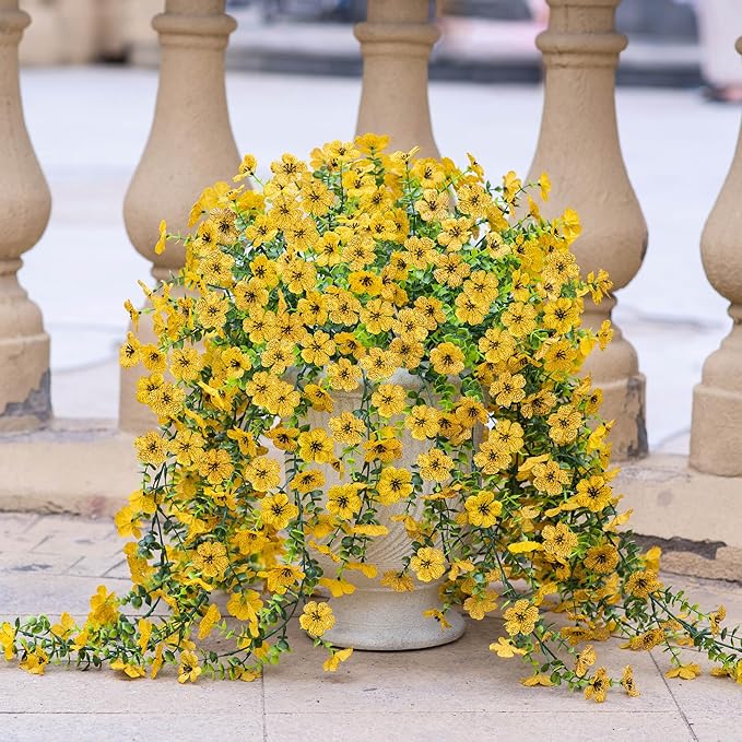 Artificial Hanging Flowers for Outdoors Faux Plants Decoration, 2 Packs Fake Silk Daisy Flower Realistic Outdoor Flowers UV Resistant Porch Patio Window Yard Outside Decor(Yellow)
