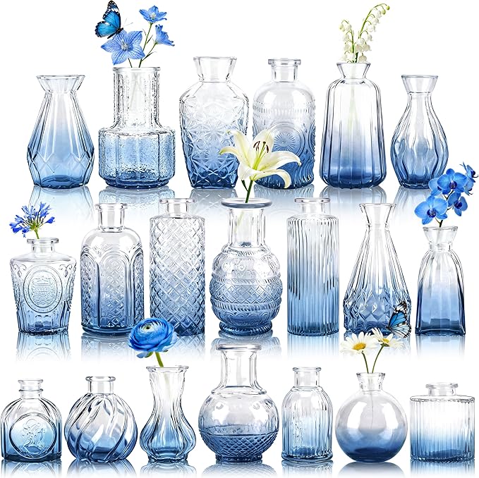Der Rose Blue Glass Bud Vases Set of 20, Small Bud Vases for Flowers, Rustic Wedding Centerpieces and Home Decor
