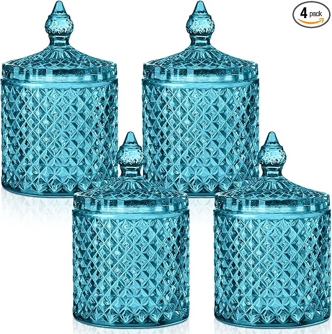 Aoriher 4 Pcs Crystal Glass Candy Jar Set with Lids Home Decorative Storage Jars for Apothecary, Bathroom, Kitchen, and Pantry, Ideal for Cotton Swabs and Jewelry(Medium,Mist Blue)
