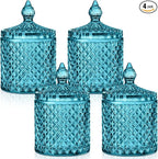 Aoriher 4 Pcs Crystal Glass Candy Jar Set with Lids Home Decorative Storage Jars for Apothecary, Bathroom, Kitchen, and Pantry, Ideal for Cotton Swabs and Jewelry(Medium,Mist Blue)