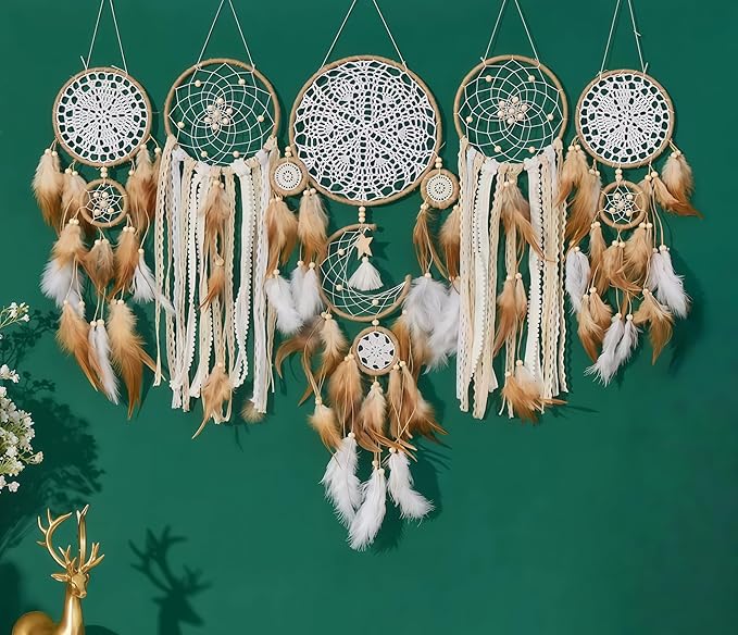 Set of 5 Boho, Hanging Large Boho Dream Catcher Macrame Wall Hanging Moon Dream Catcher Set Dream Catchers Wall Decor for Vintage Wedding Home Decorations (E)